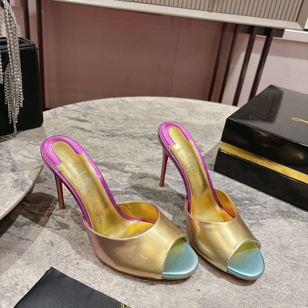 Peep-toe colorful high-heeled mules, 10cm heel.