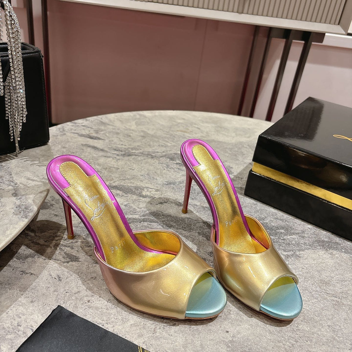Peep-toe colorful high-heeled mules, 10cm heel.