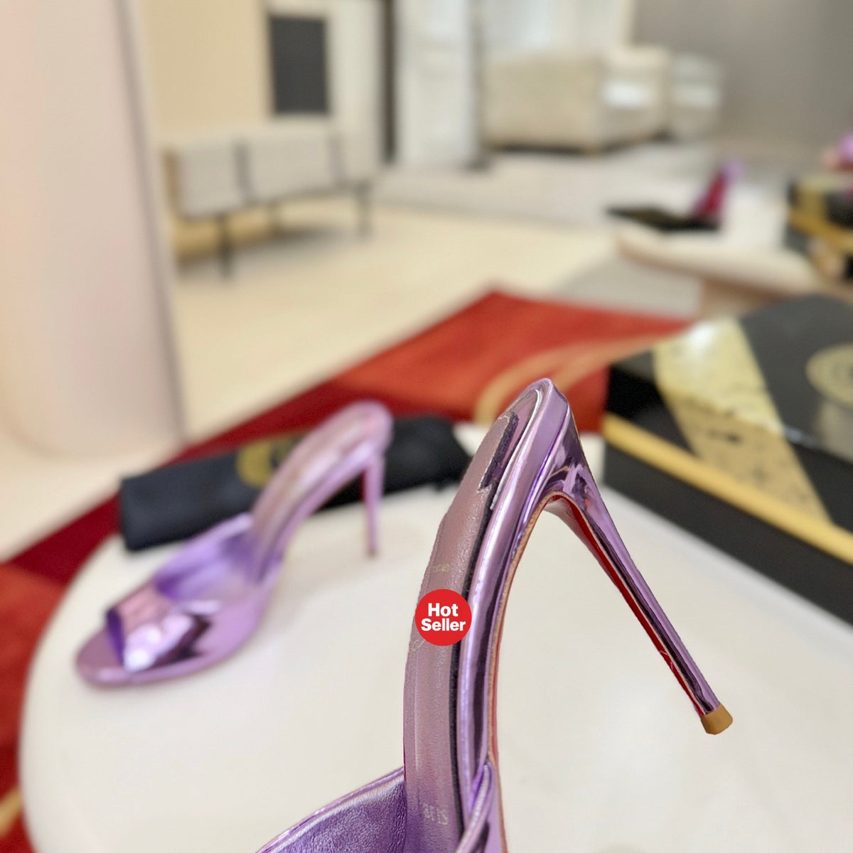 Purple peep-toe high-heeled mules, 10cm heel.