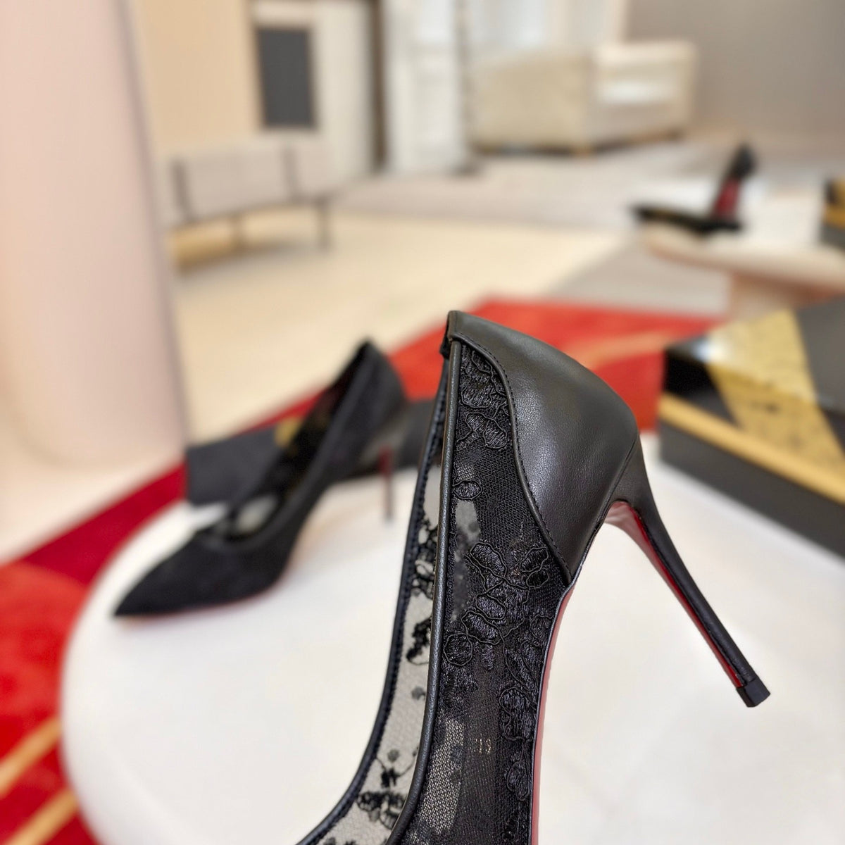 Black lace high heels, 8.5cm heel.