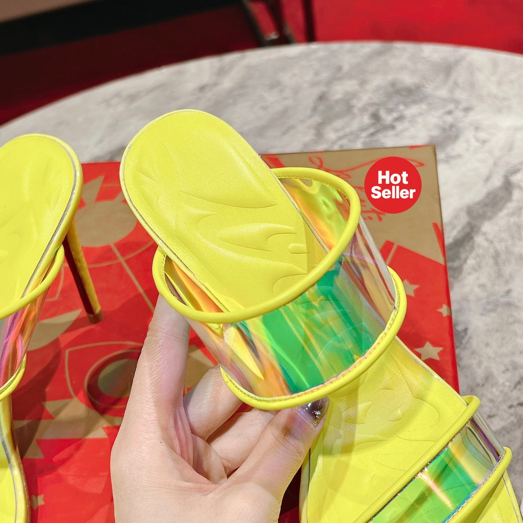 Yellow high-heeled mules, 10cm heel.