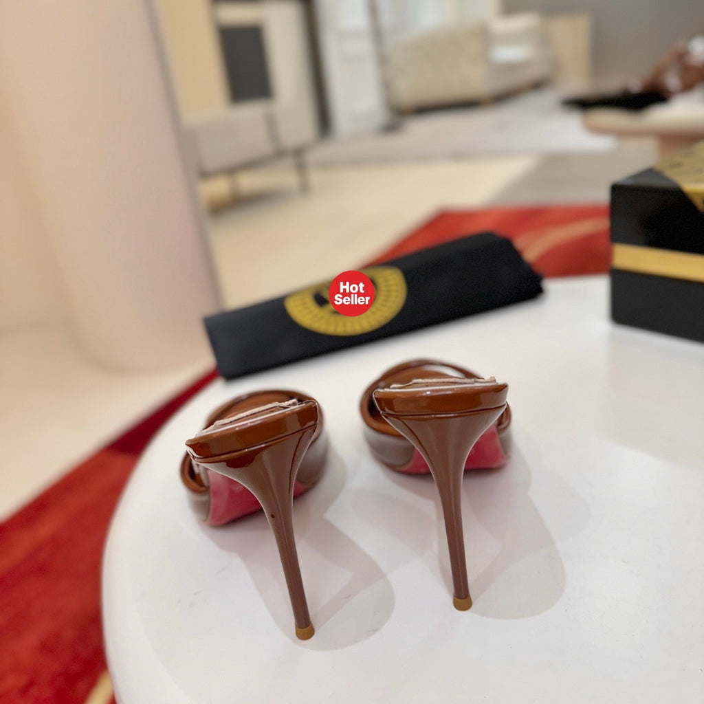 Brown patent leather peep-toe high-heeled mules, 10cm heel.