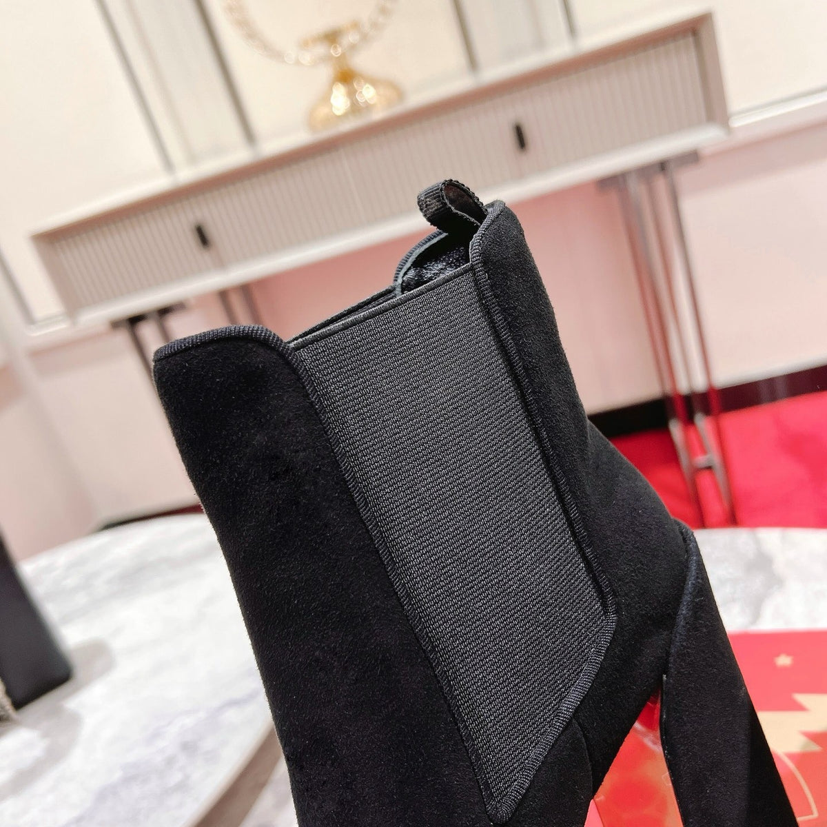 Black suede ankle boots, 13cm heel.