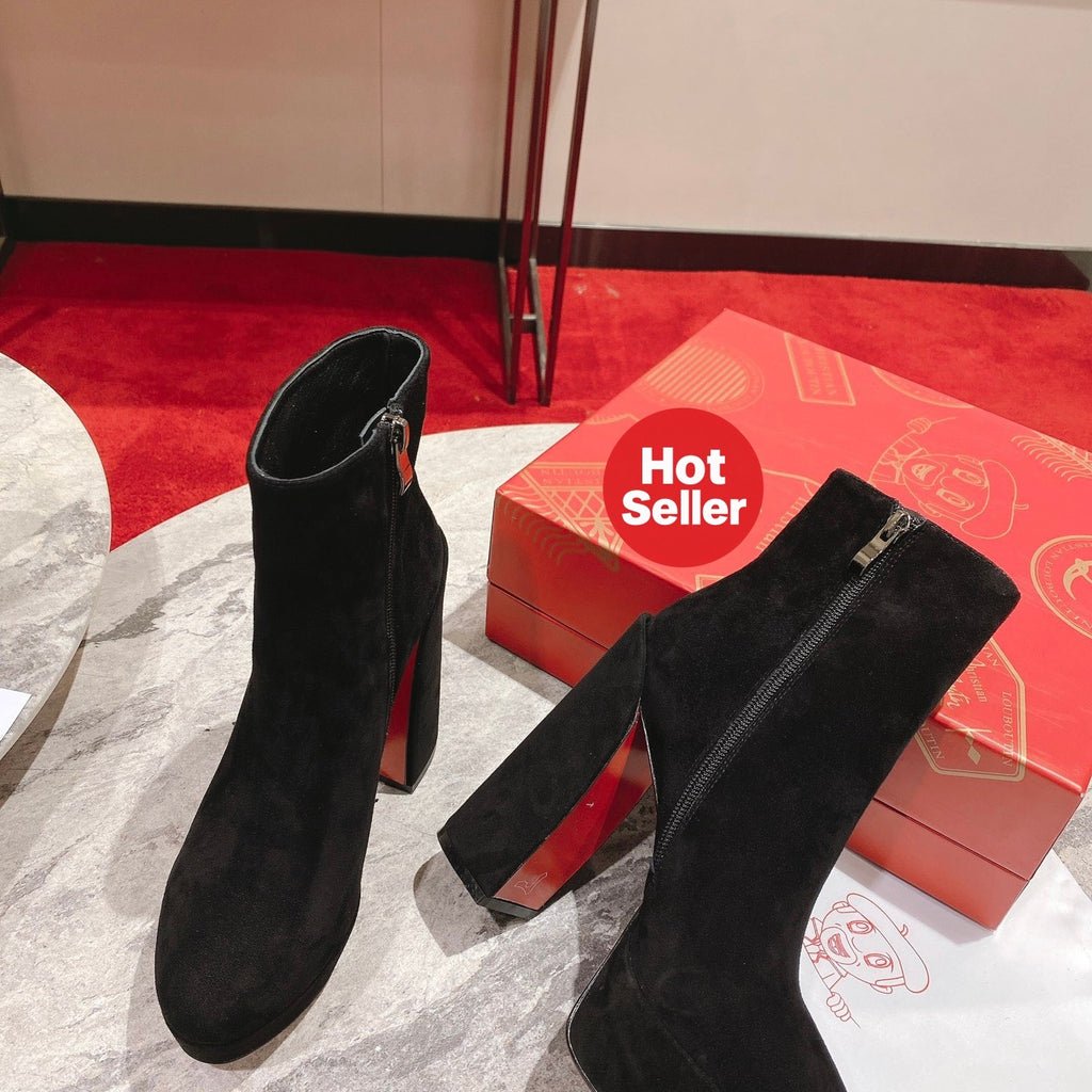 Black suede ankle boots, 13cm heel.
