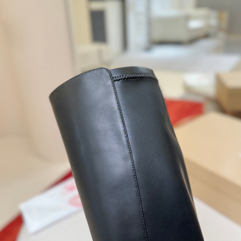 Premium black leather tall boots, 8.5cm heel.