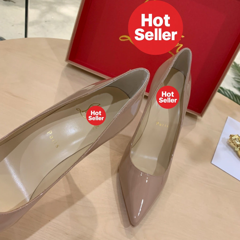 Nude-pink patent cowhide high heels, 10cm heel.