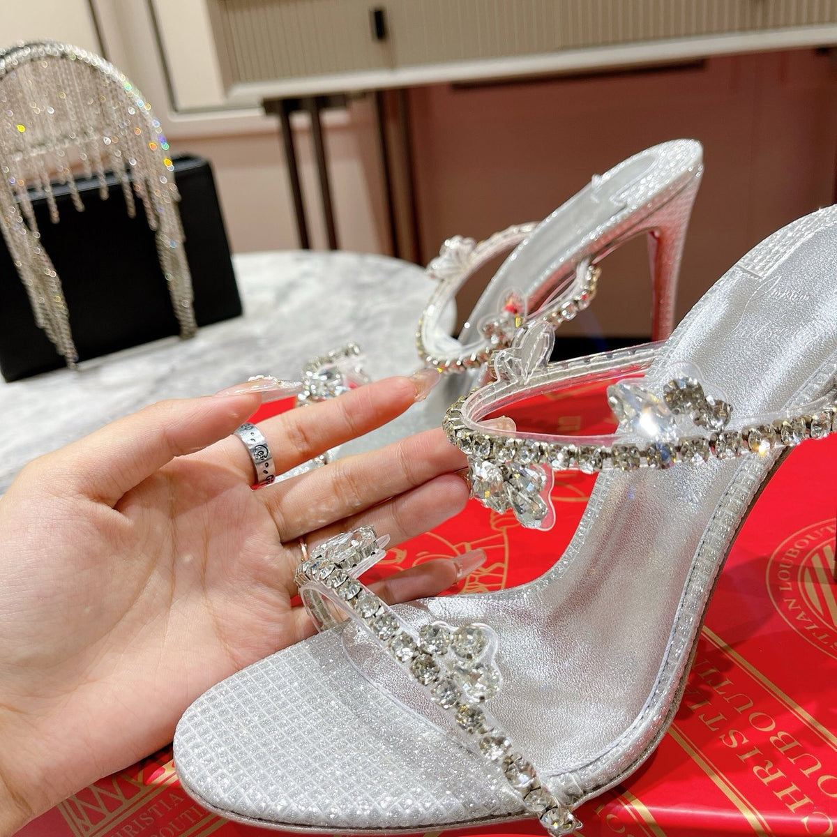 Crystal single-strap sandals, 10cm heel.