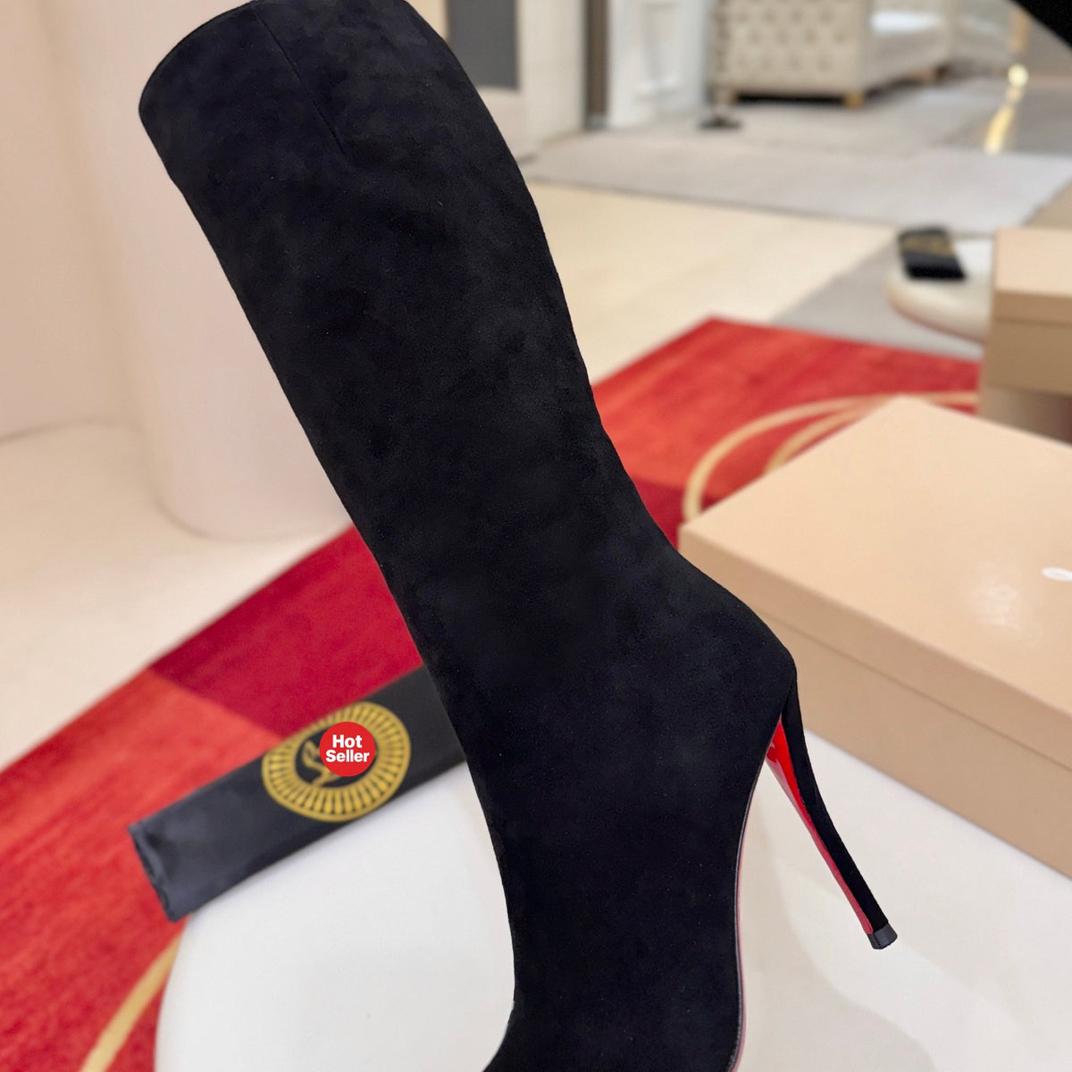 Black calf-hair high-heeled tall boots, 10cm heel.