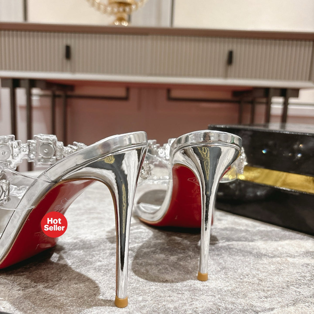 Rhinestone-embellished high-heeled mules, 10cm heel.