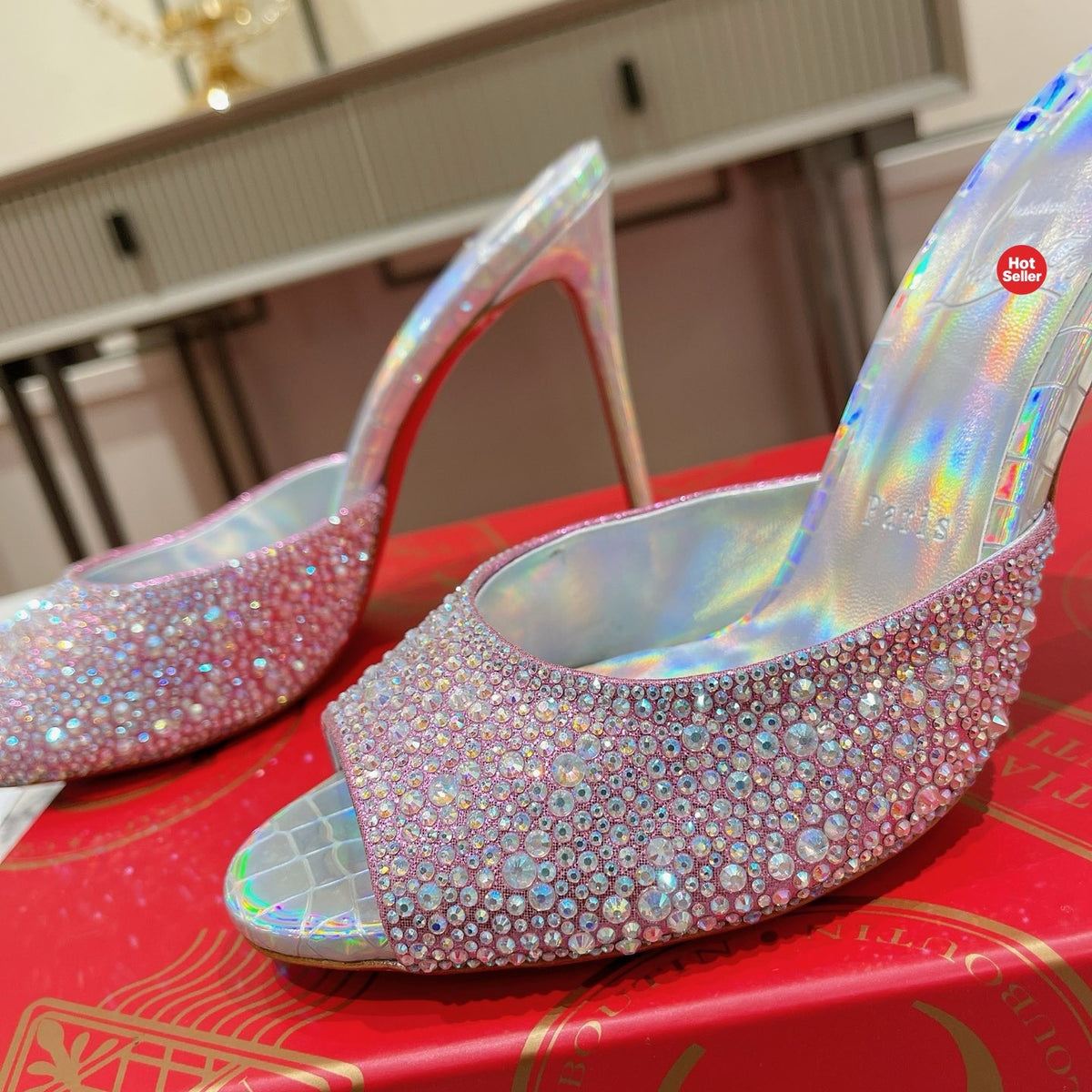 Peep-toe rhinestone high-heeled mules (10cm heel)