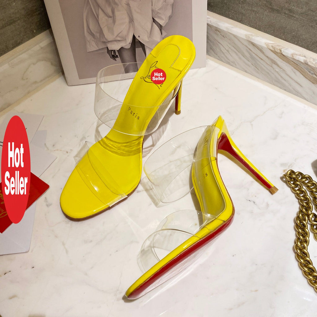 Yellow translucent high-heeled mules, 10cm heel.