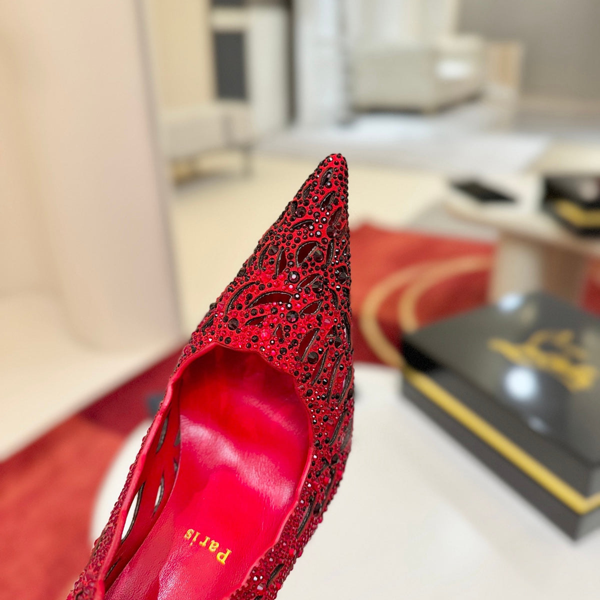 Red lace high heels, 8.5cm heel.