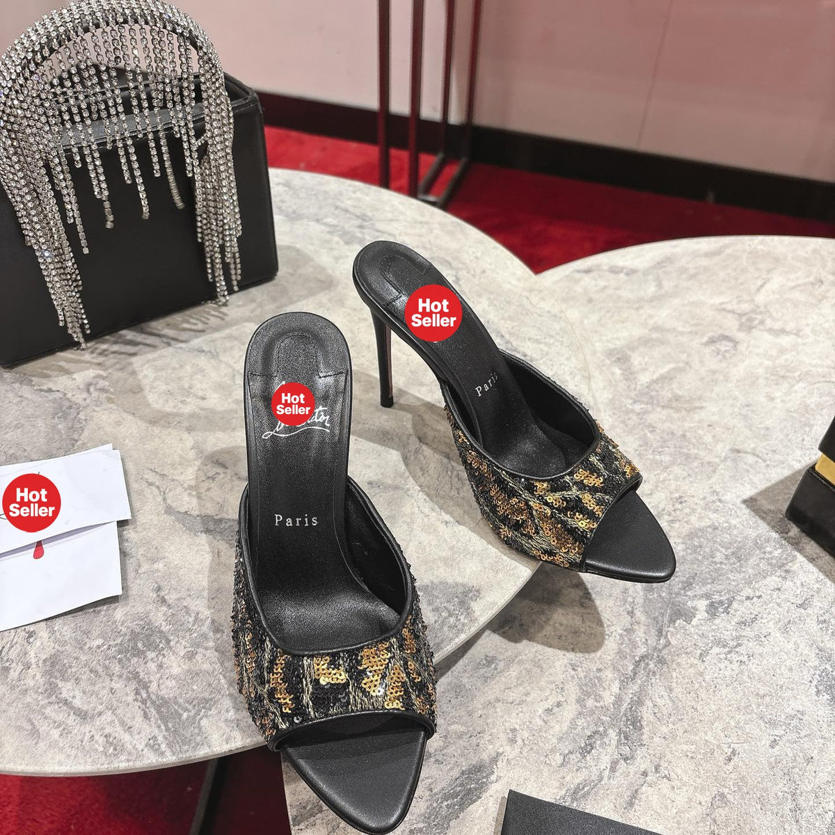 High-heeled mules with stylish leopard-print patches; 10cm heel.