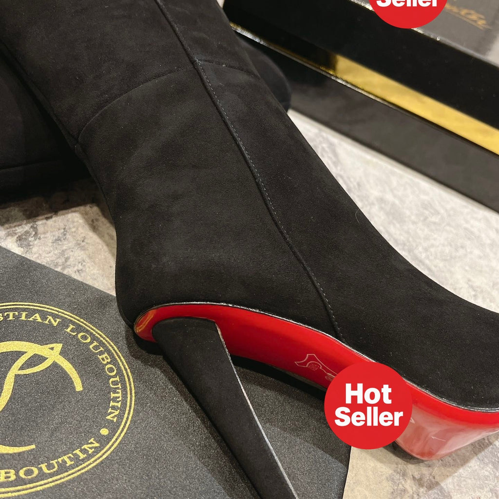 Black suede long boots, 10cm heel.