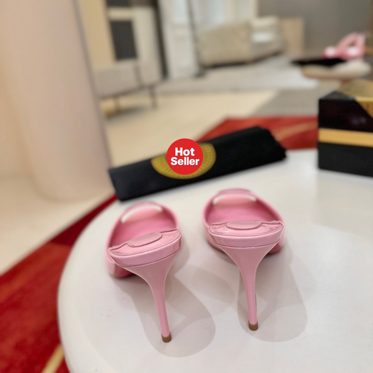 Pink patent leather peep-toe high-heeled mules, 10cm heel.