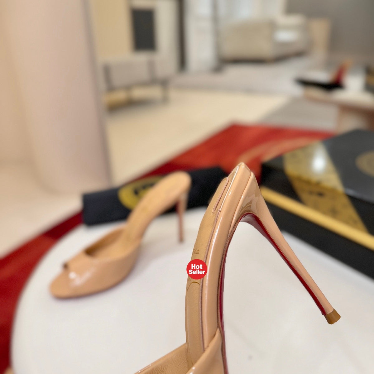 Beige patent leather peep-toe high-heeled mules, 10cm heel.