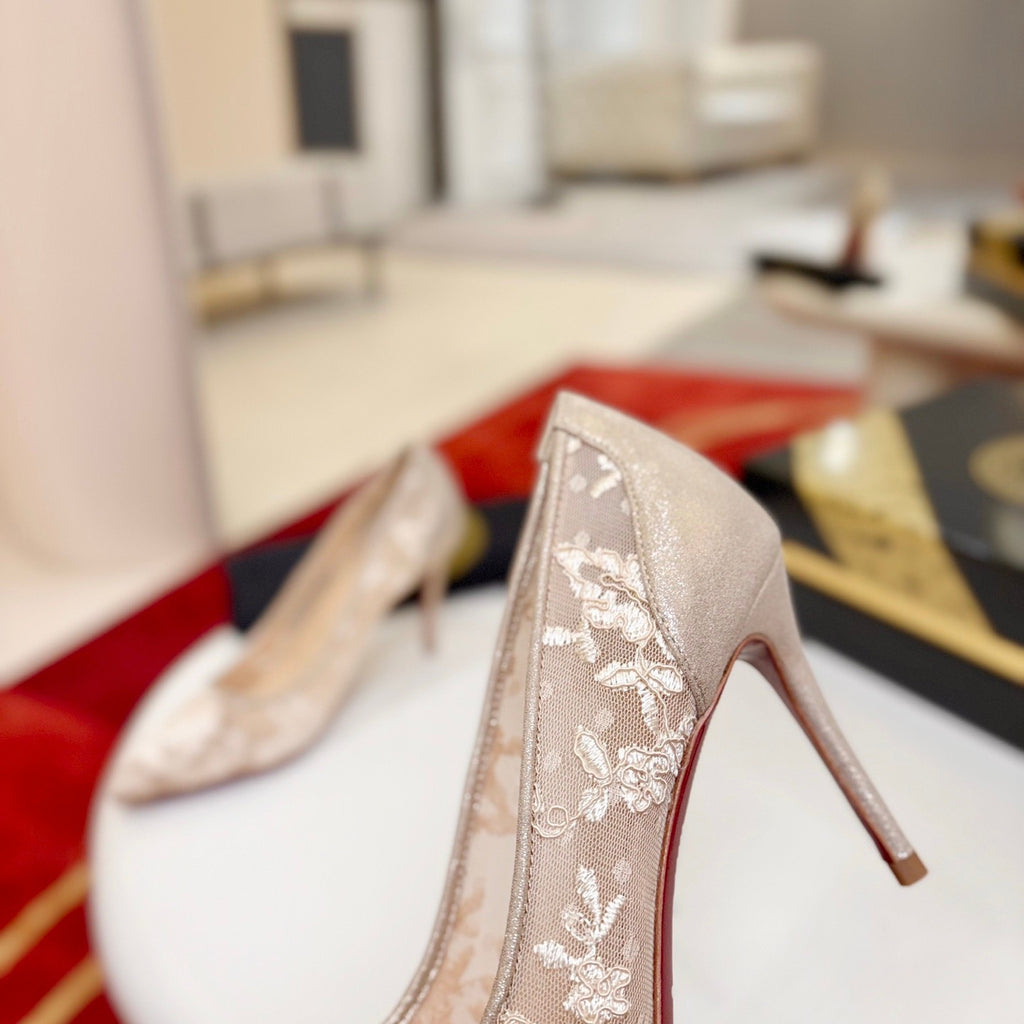 Apricot lace high heels, 8.5cm heel.
