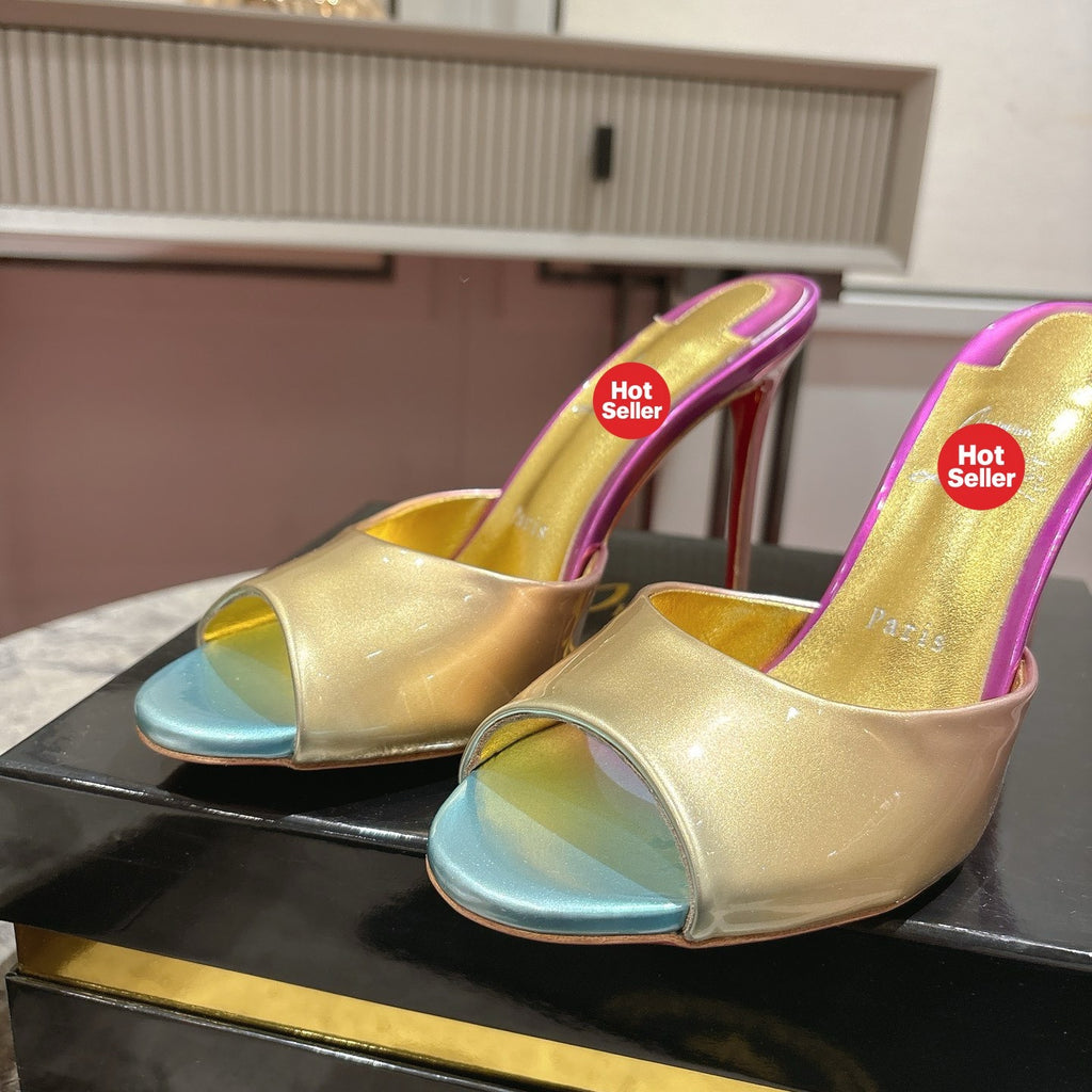 Peep-toe colorful high-heeled mules, 10cm heel.