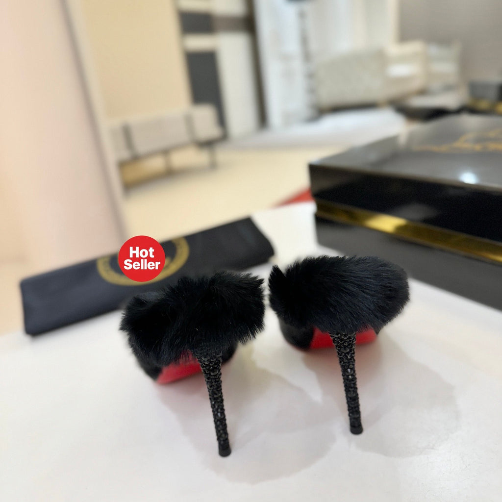 Black crystal high-heeled mules, 10cm heel.