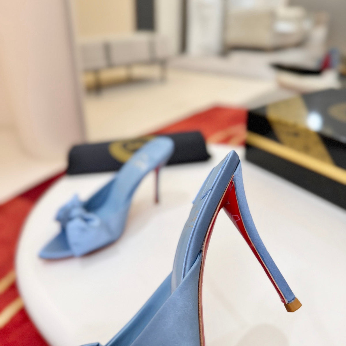 Blue silk taffeta bow-detail high-heeled mules