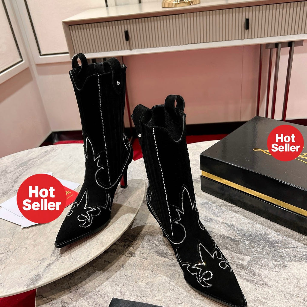Black suede long boots, 8.5cm stiletto heels.