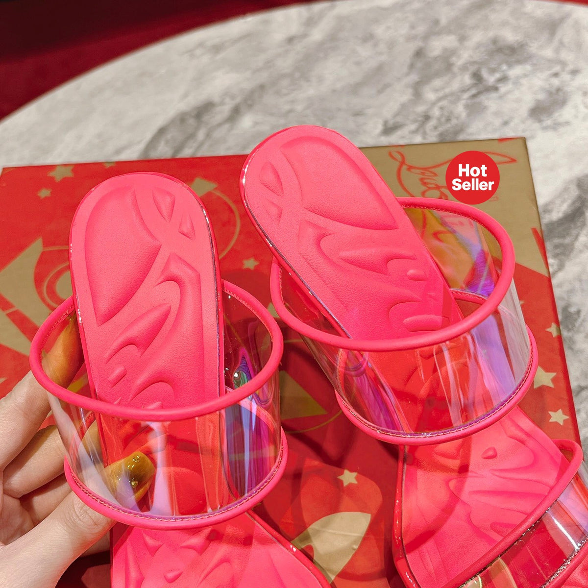 Magenta high-heeled mules, 10cm heel.