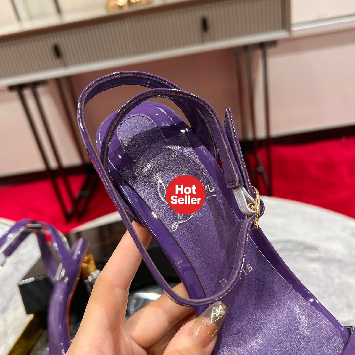 Purple lipstick and high heels with 10cm heels.