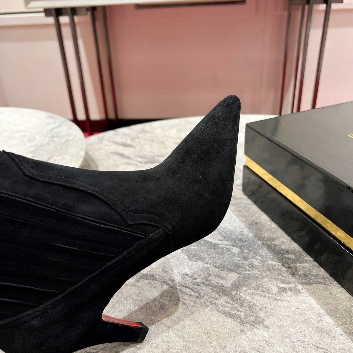 Black sheep suede mid-calf boots, 10cm heel.