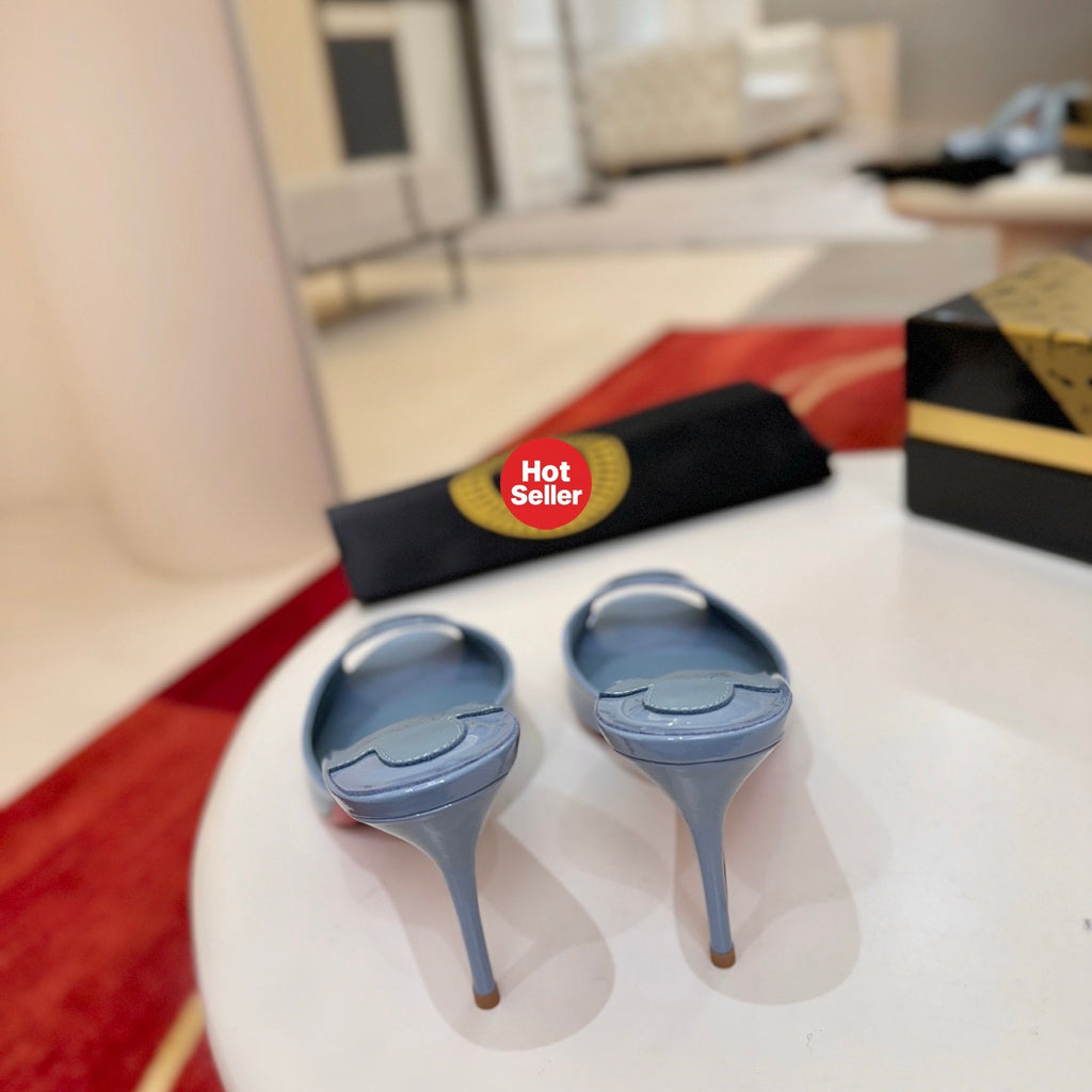 Light blue patent leather peep-toe high-heeled mules (10cm heel)