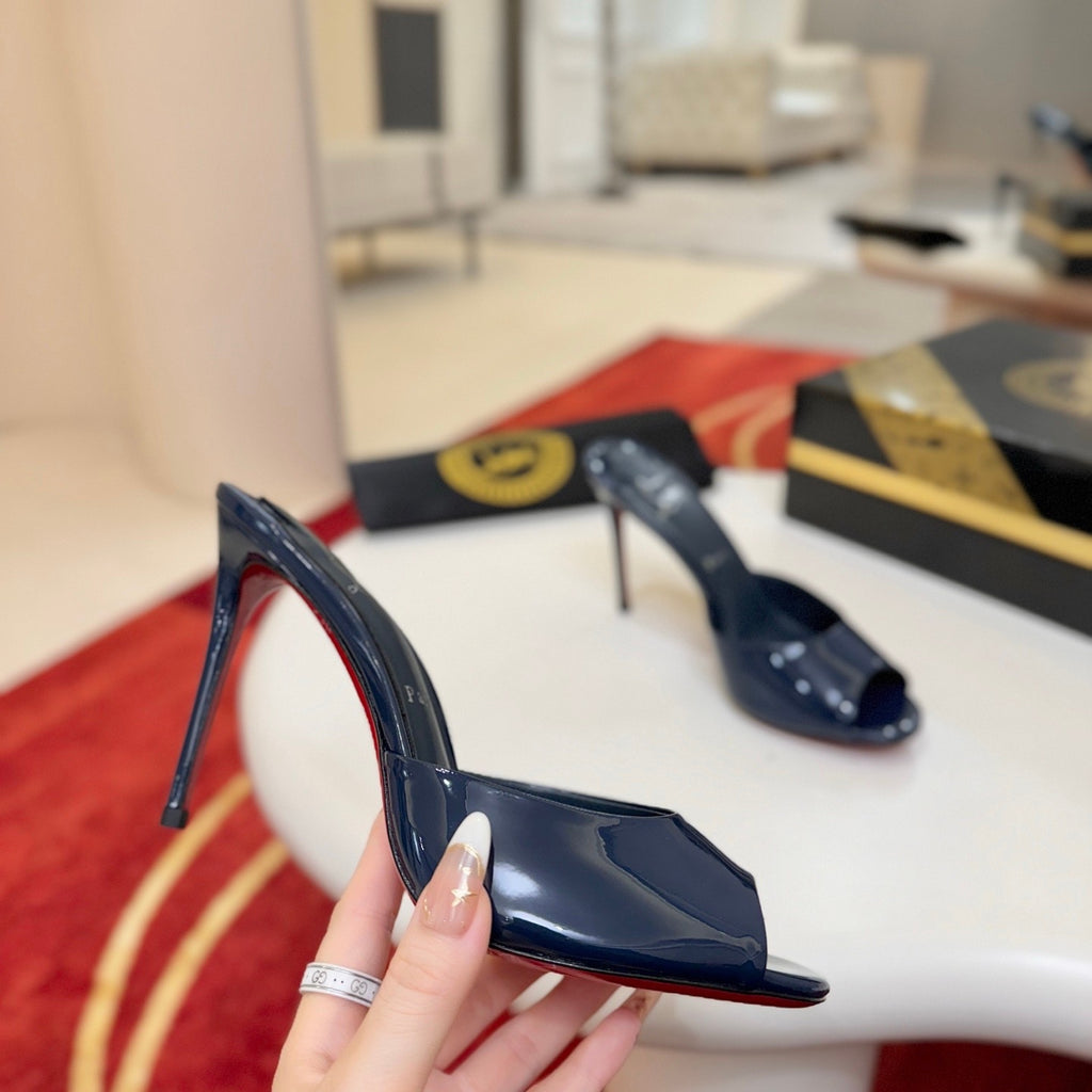 Deep blue patent leather peep-toe high-heeled mules, 10cm heel.