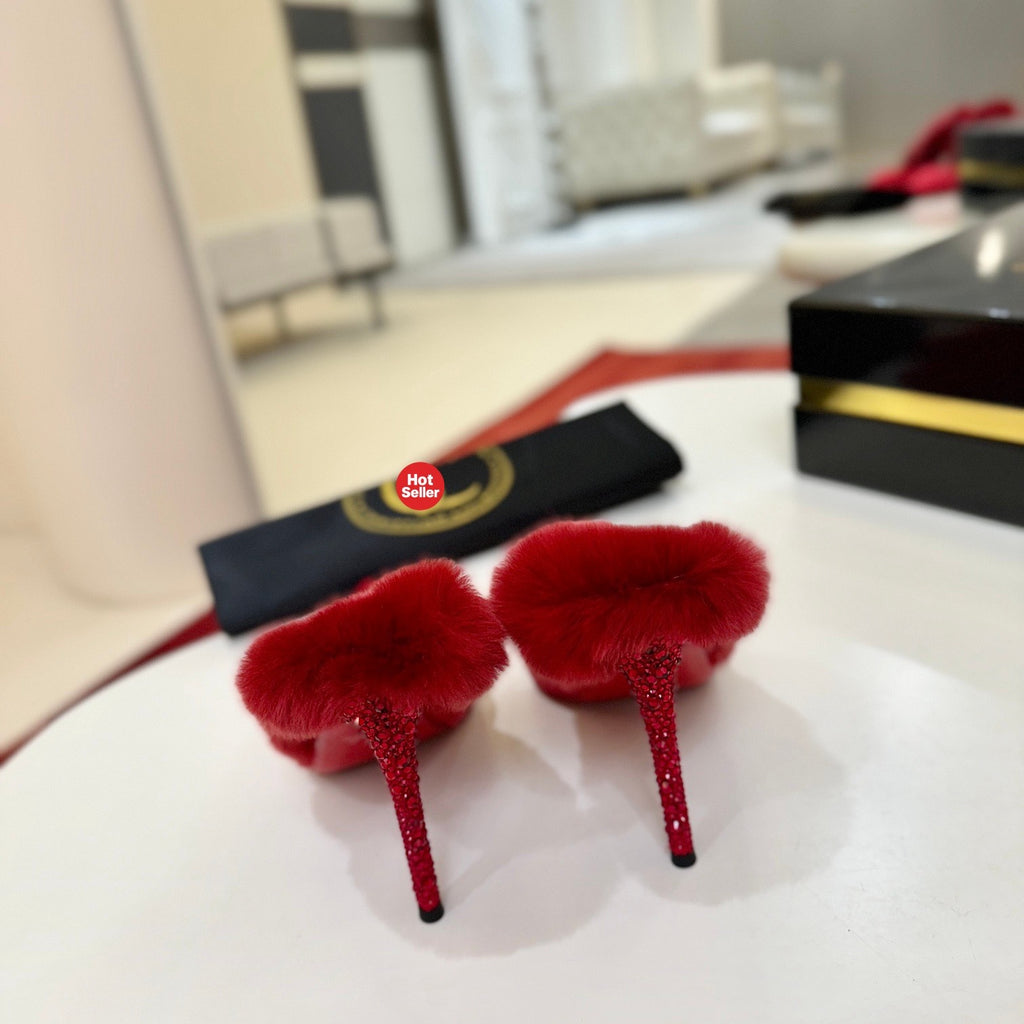 Red crystal backless high-heeled mules, 10cm heel.