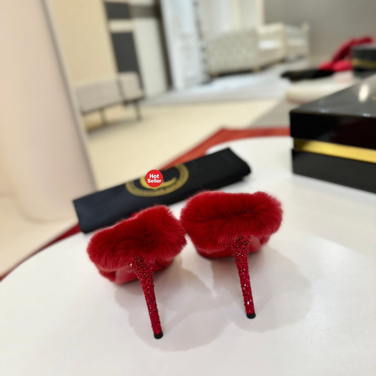 Red crystal backless high-heeled mules, 10cm heel.