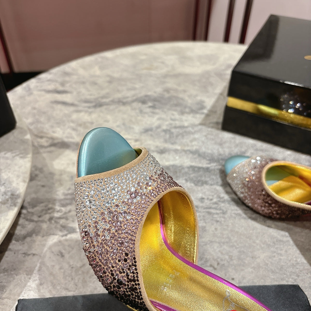Peep-toe high-heeled slides with colorful rhinestones; 10cm heel.