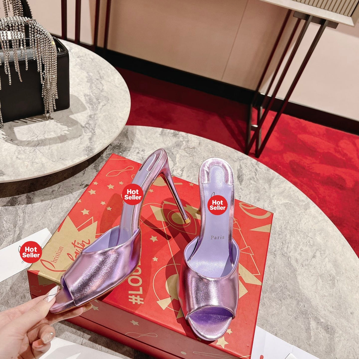 Purple peep-toe high-heeled mules