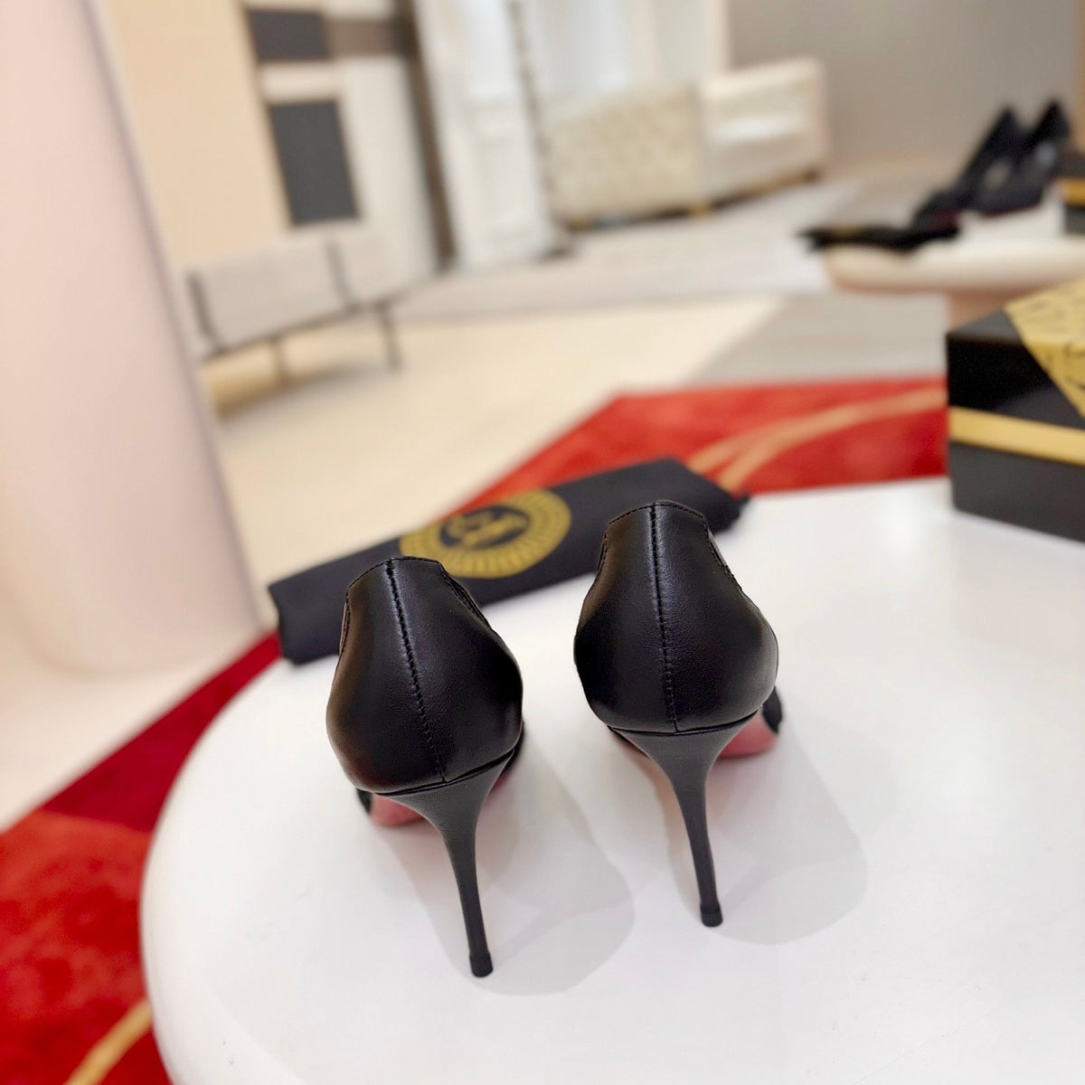Black lace high heels, 8.5cm heel.