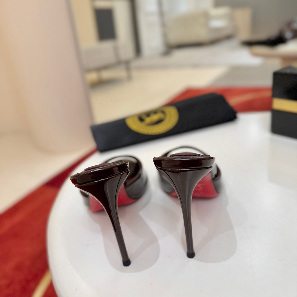 Dark-colored patent leather peep-toe high-heeled mules (10cm heel)