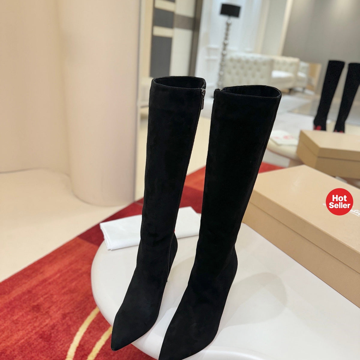 Stylish sheep suede tall boots, 10cm heel.