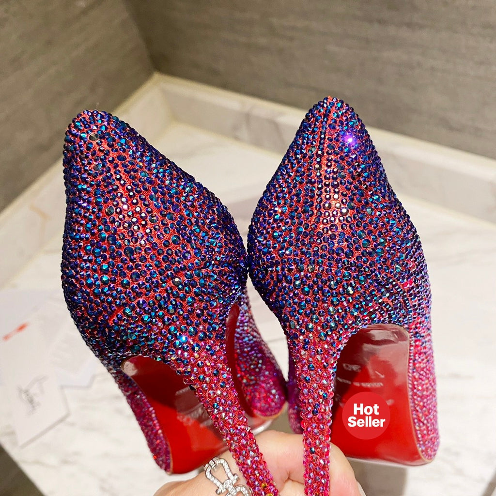 Red fully embellished high heels, 10cm heel.