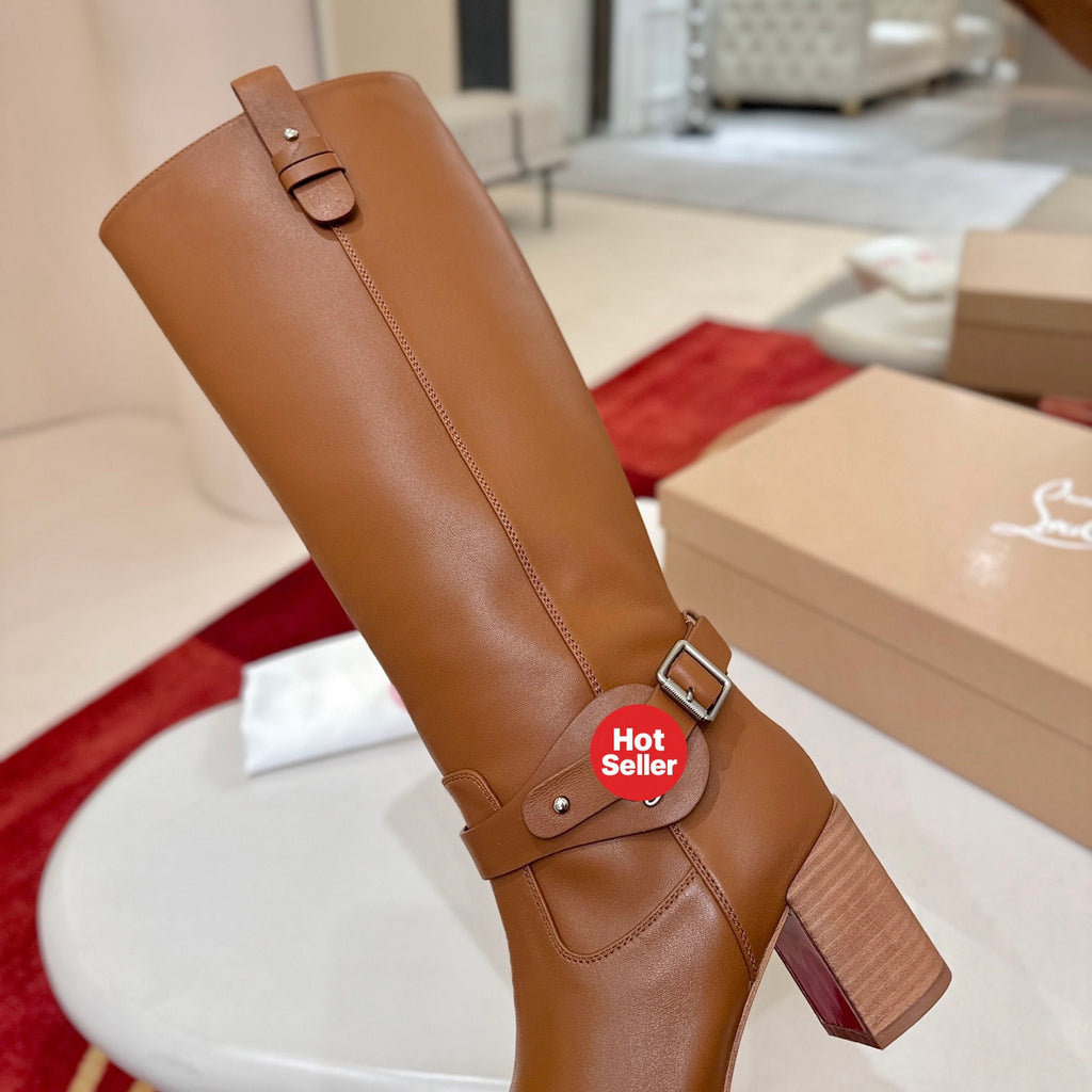 Brown calfskin tall boots, 7cm heel.