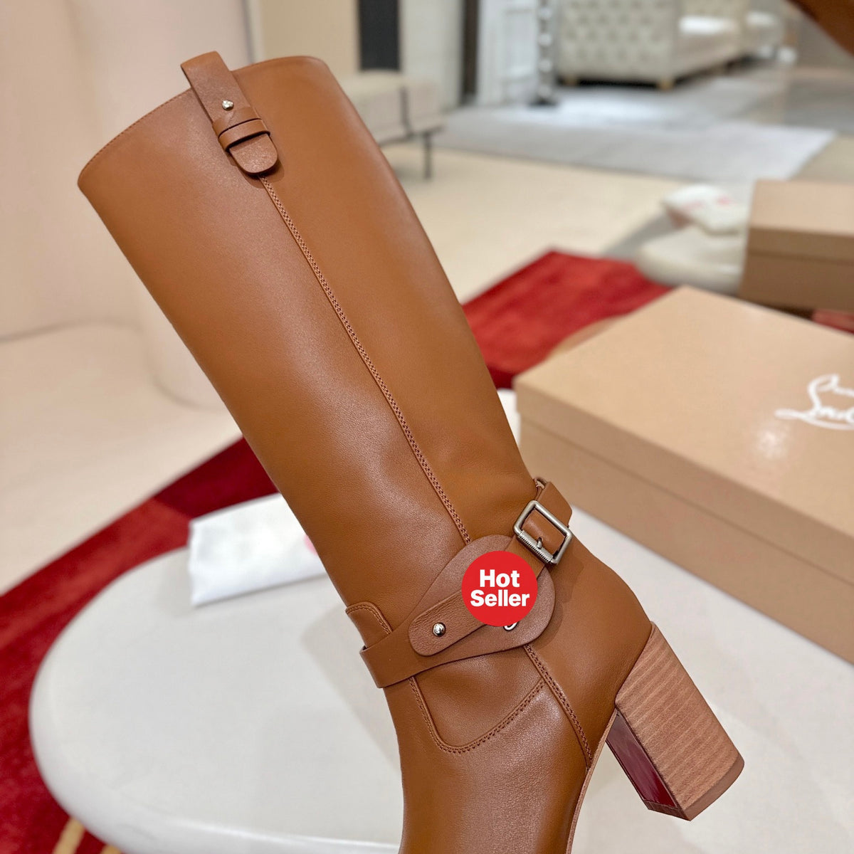 Brown calfskin tall boots, 7cm heel.
