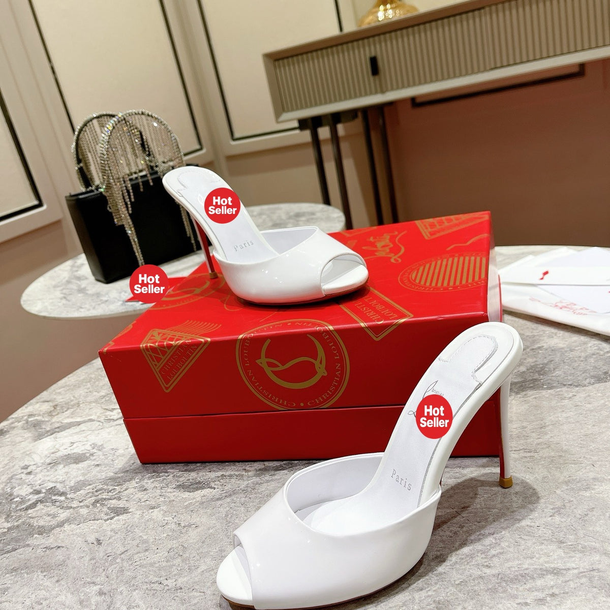 White patent leather peep-toe high-heeled mules, 10cm heel.
