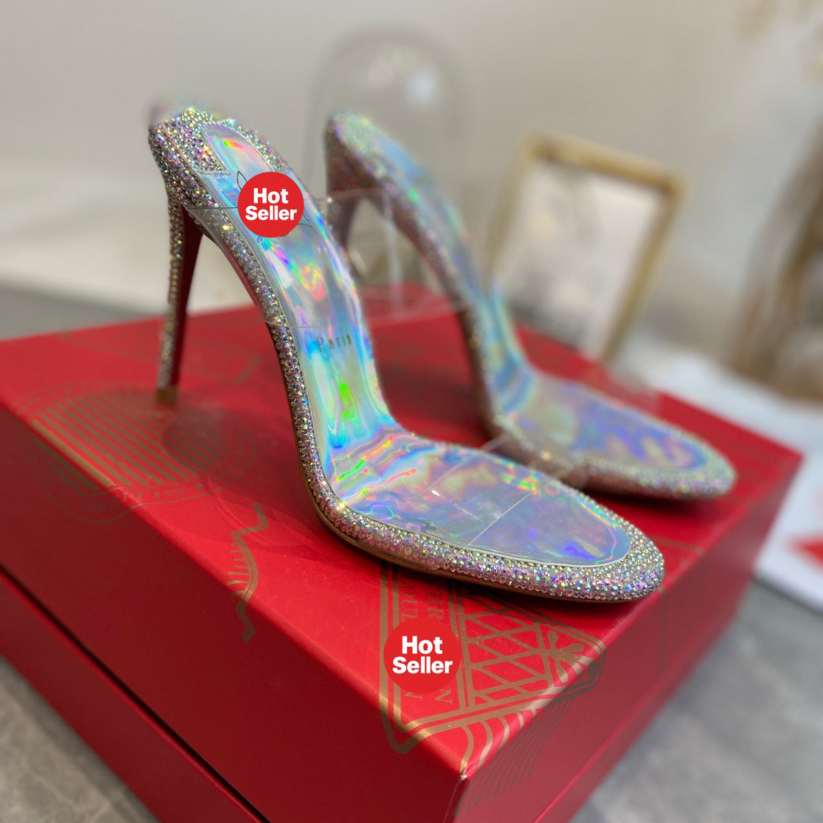 Clear Crystal-Style High-Heeled Mules (10cm Heel)