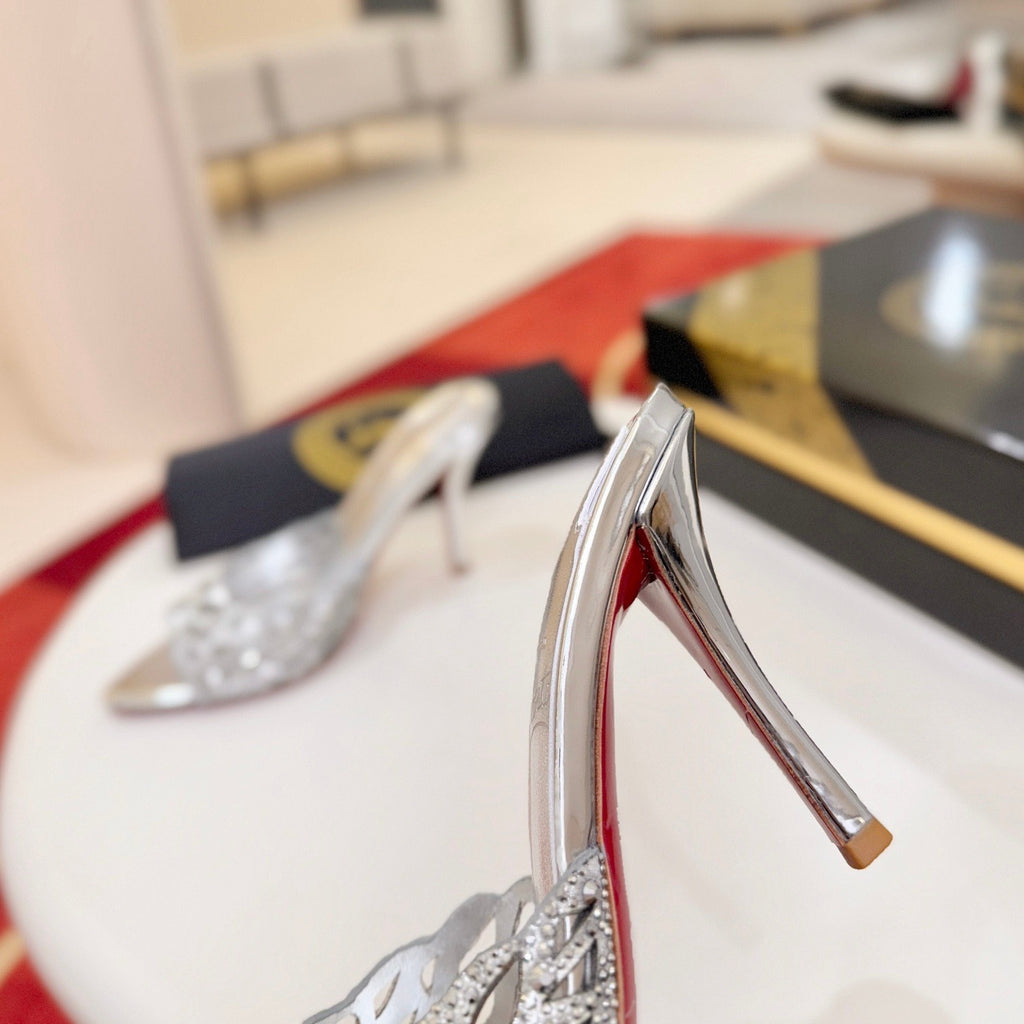 Cut-out fully rhinestone-encrusted high-heeled mules (10cm heel)