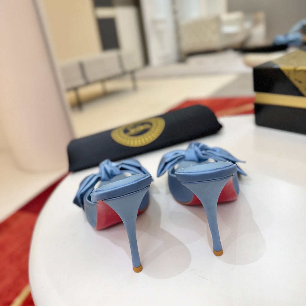 Blue silk taffeta bow-detail high-heeled mules