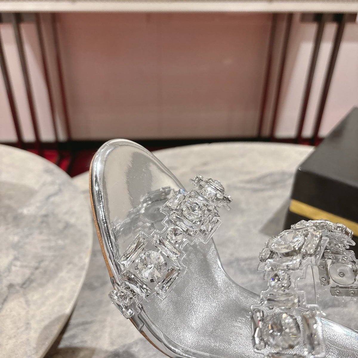 Rhinestone-embellished high-heeled mules, 10cm heel.