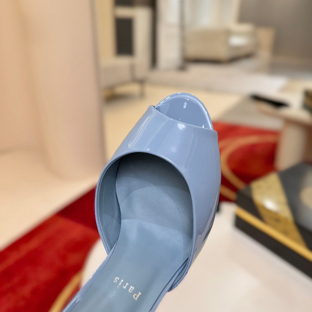 Light blue patent leather peep-toe high-heeled mules (10cm heel)