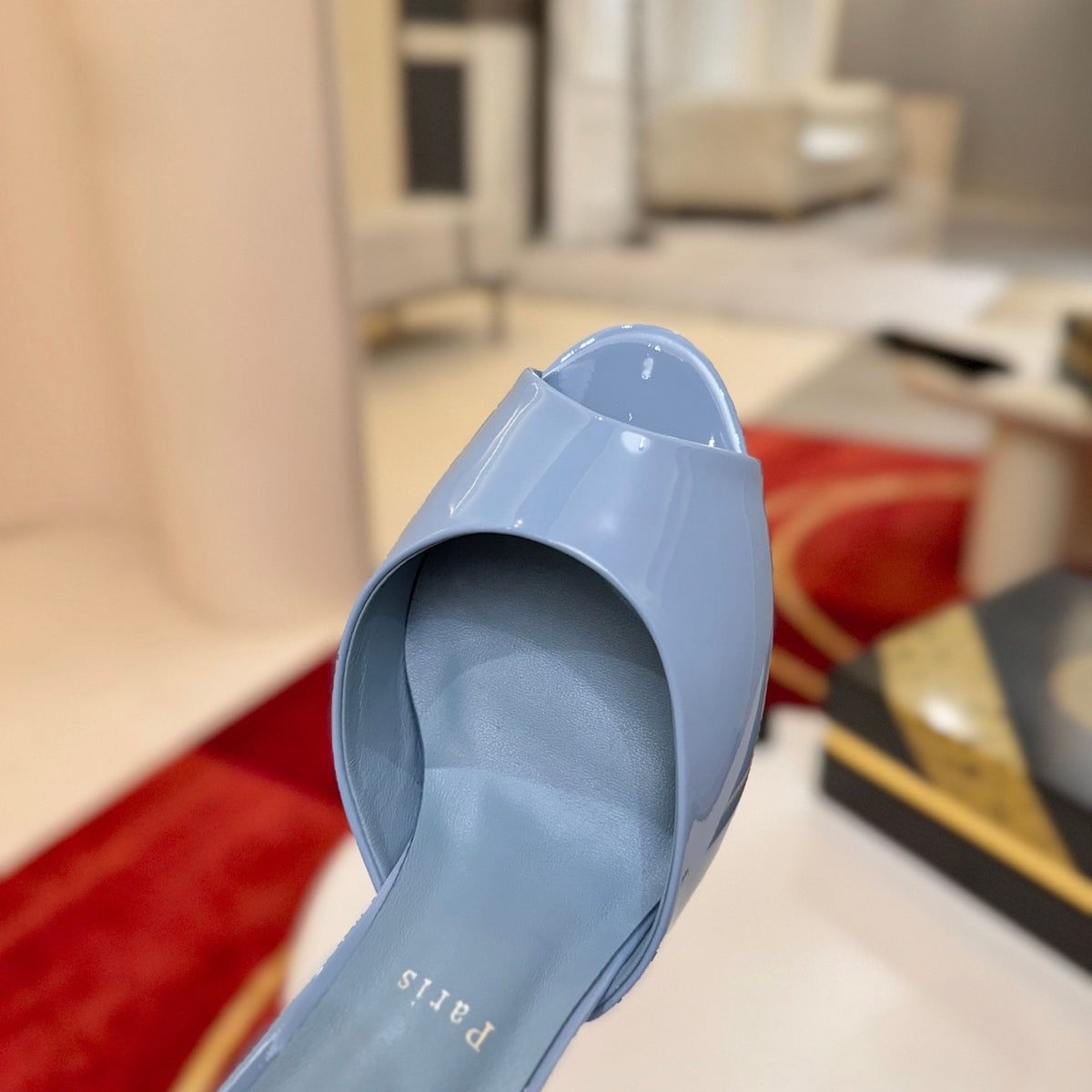 Light blue patent leather peep-toe high-heeled mules (10cm heel)