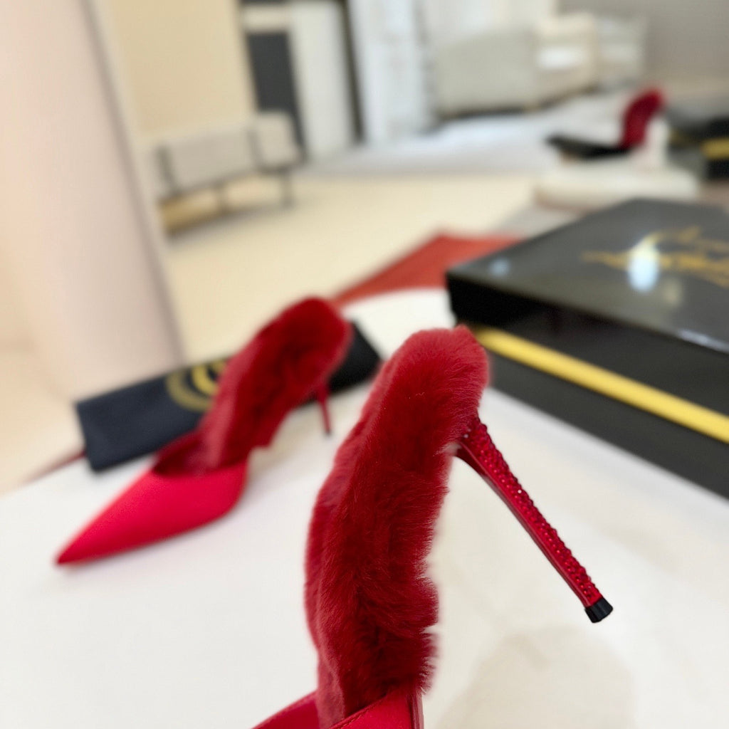 Red crystal backless high-heeled mules, 10cm heel.