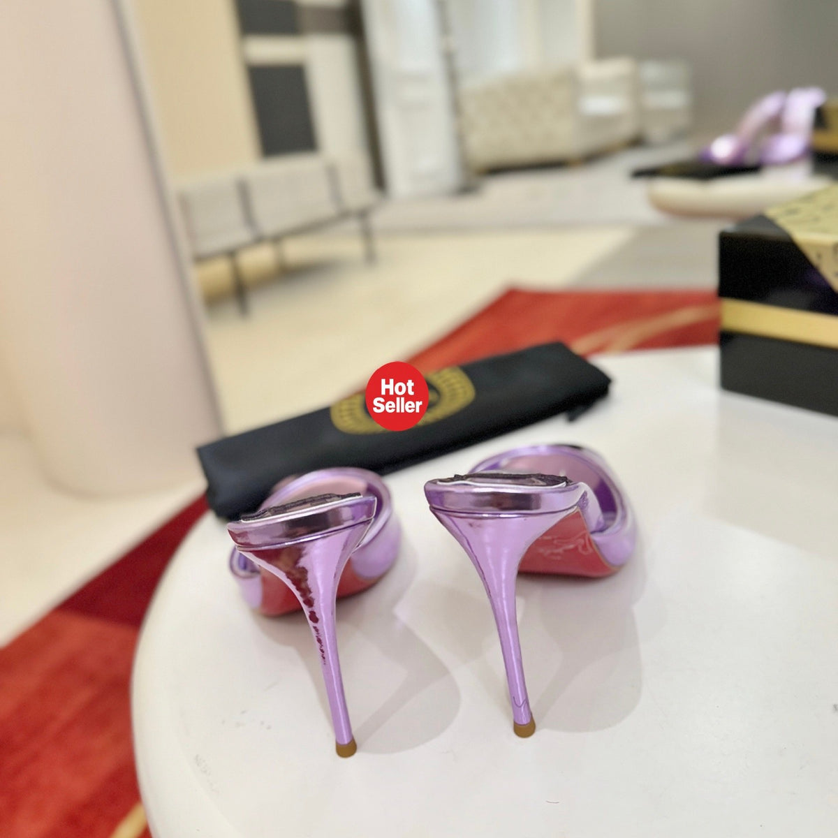 Purple peep-toe high-heeled mules, 10cm heel.