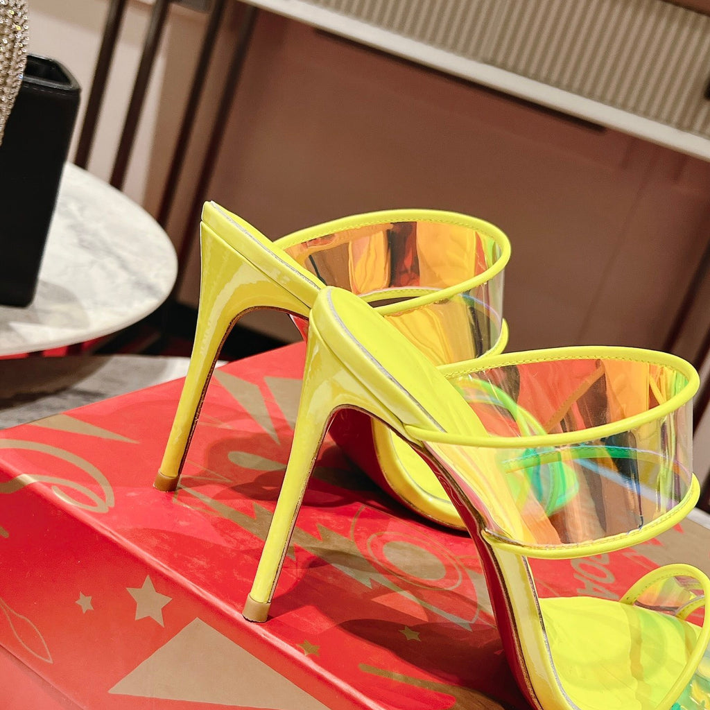 Yellow high-heeled mules, 10cm heel.